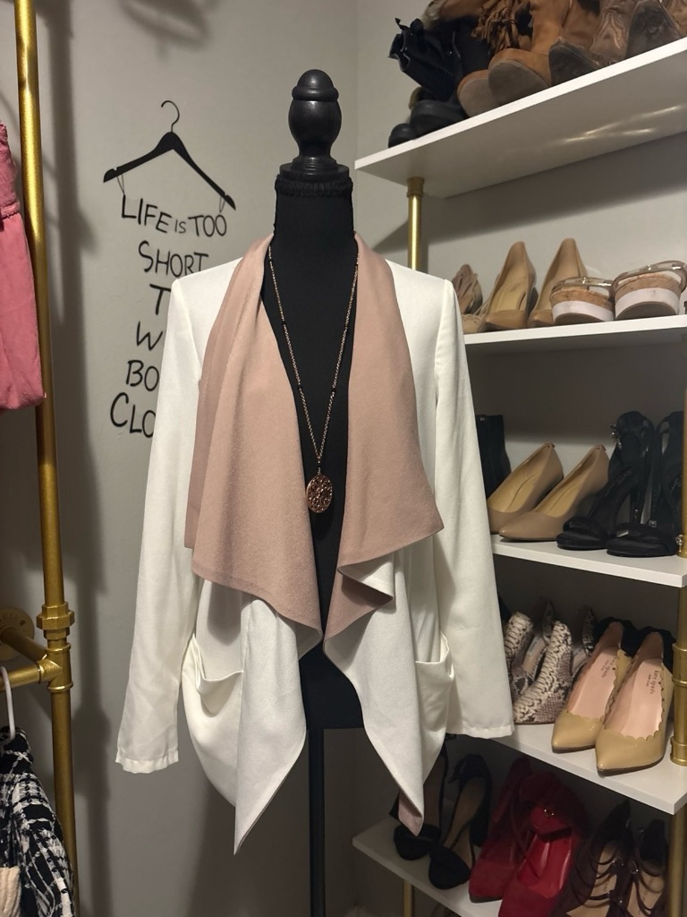 Women's Cream Open-Front Cardigan with Blush Draped Shawl Collar